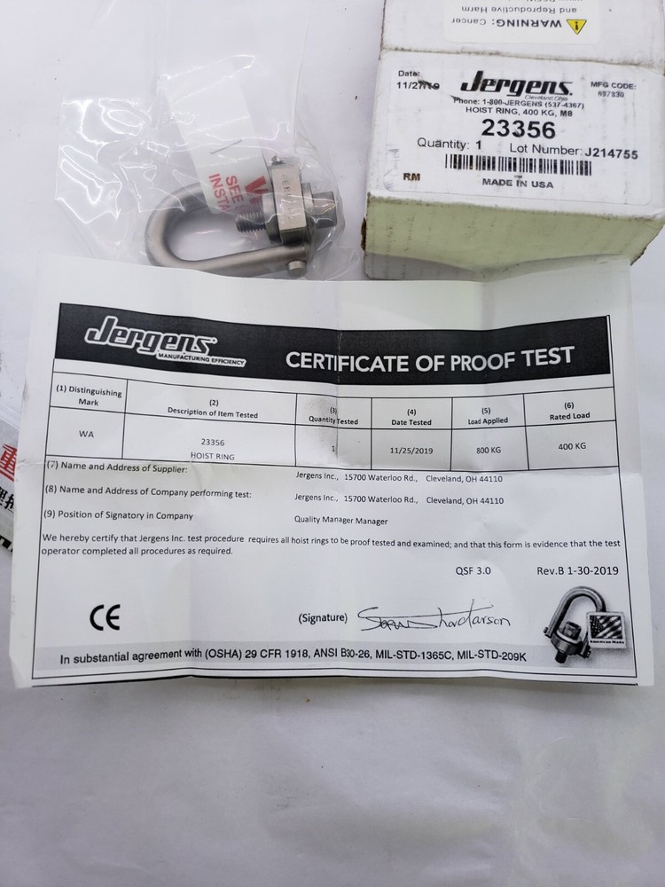 Jergens 23356 Hoist Ring, 23356 400KG M8X1.25