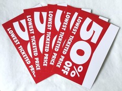 5 Ct Retail Store Sale Signs Red and White 50 Percent Off Lowest Ticketed Price