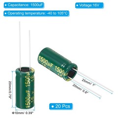 PATIKIL 16V 1500uF Electrolytic Capacitors, 20Pcs 10x20mm Aluminum High Green