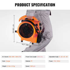 1000 CFM 3-Speed 1/4 HP Adjustable Air Mover Carpet Dryer Blower Floor Fan