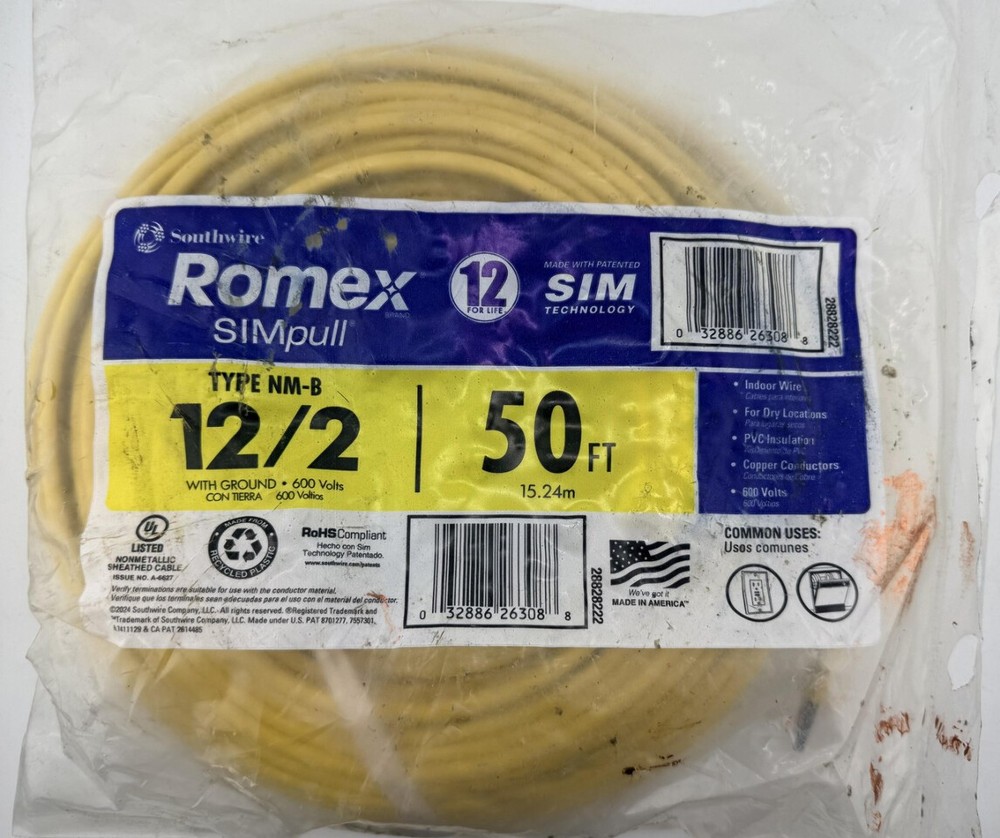 SOUTHWIRE ROMEX SIMPULL NM-B 12/2 28828222 50FT INDOOR COPPER BUILDING WIRE