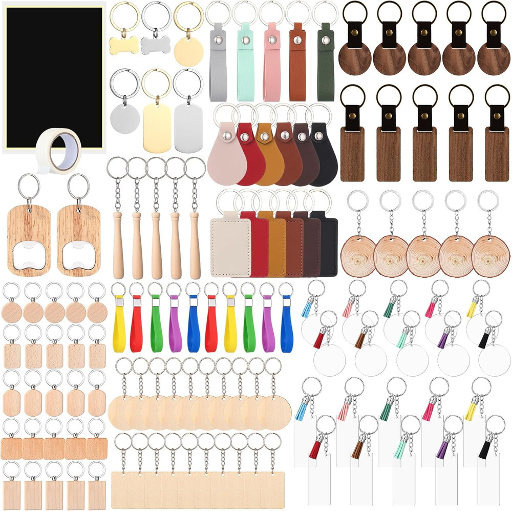 122 Pcs Laser Engraving Keychain Blanks in Wood, Metal, Acrylic, and More
