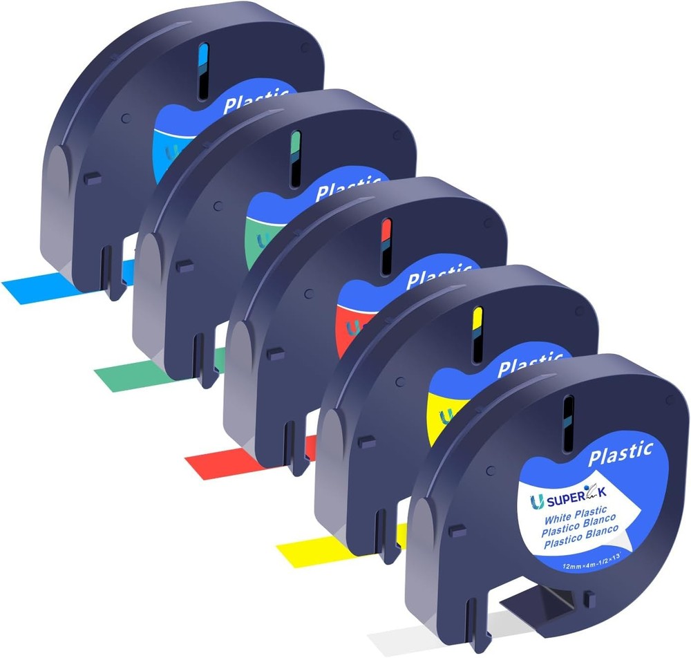 5Pack Dymo 12mm Plastic LetraTag Label Tape Black on White/Yellow/Red/Green/Blue