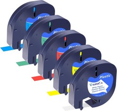 5Pack Dymo 12mm Plastic LetraTag Label Tape Black on White/Yellow/Red/Green/Blue