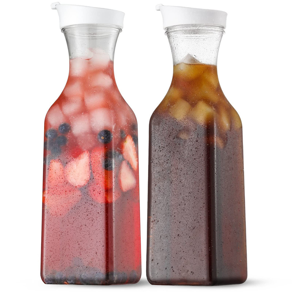 NETANY Plastic 50 Oz Water Carafe with Flip Top Lid, Set of 2 2 PACK, Clear