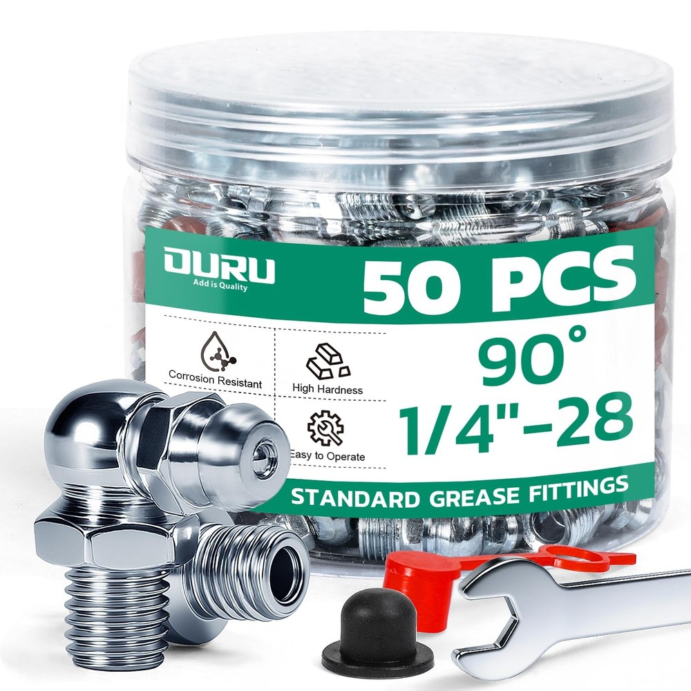 OURU 50PCS 1/4″-28 SAE Grease Fittings Kit, Zerk Grease Fittings 90 Degree wi…