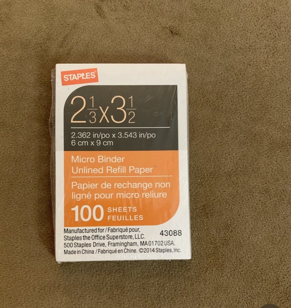 Staples Micro Binder Refill Pages, Unruled 100 Sheets Total, New In Packaging.