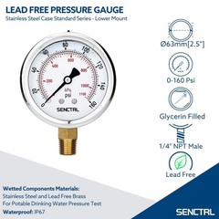 160 PSI Lead-Free Glycerin-Filled Low Pressure Gauge for Safe Water Testing
