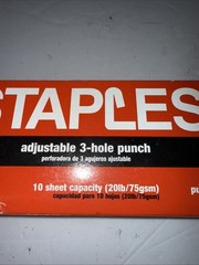 Staples Adjustable 3 Hole Punch 10 Sheet Capacity Black NIB