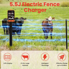 5.5J Electric Fence Charger Energizer, 5.5 Joules 10 Miles, AC DC 2 in 1 Powered