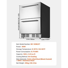 24 Inches Undercounter Refrigerator Stainless Steel Dual Drawer Fridge for Home