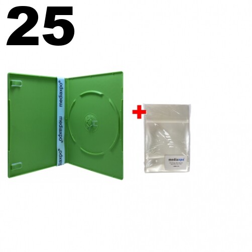 25 SLIM Solid Green Color Single DVD Cases 7MM & 100 OPP Bags