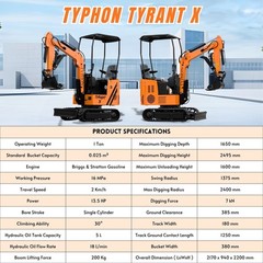 Free Ship TYPHON TYRANT X 1Ton Mini Excavator USA 13.5HP include 12 Attachments