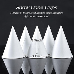6 Oz Snow Cone Cups, 100Pc White Paper Cone Cups Wax Coated Leakproof Cone Paper
