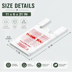 1000 Count White Thank You T-Shirt Bags, 11 x 6 x 21 in