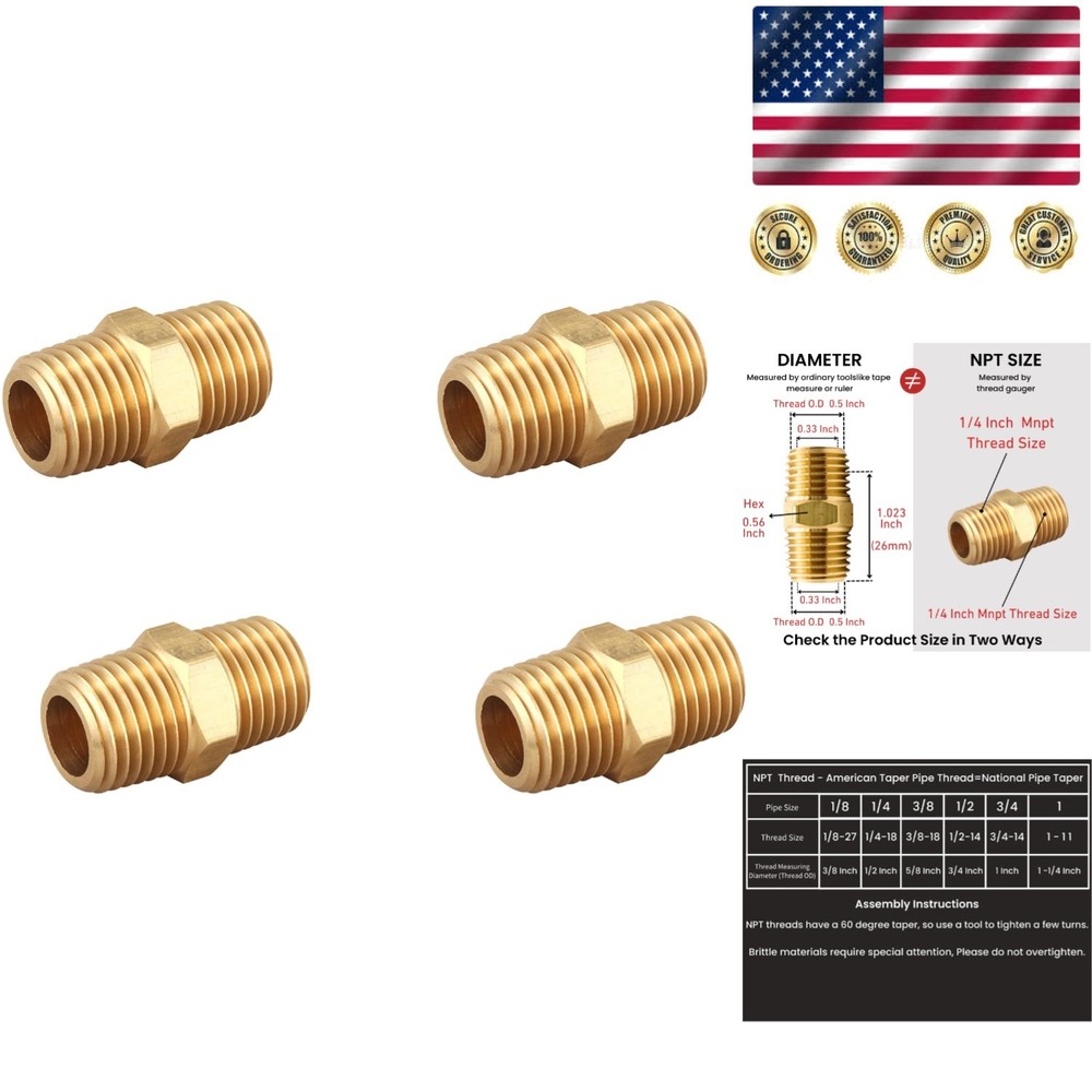 Brass Hex Nipple 1/4 Inch NPT Pipe Adapter Set of 4 – Durable Connections
