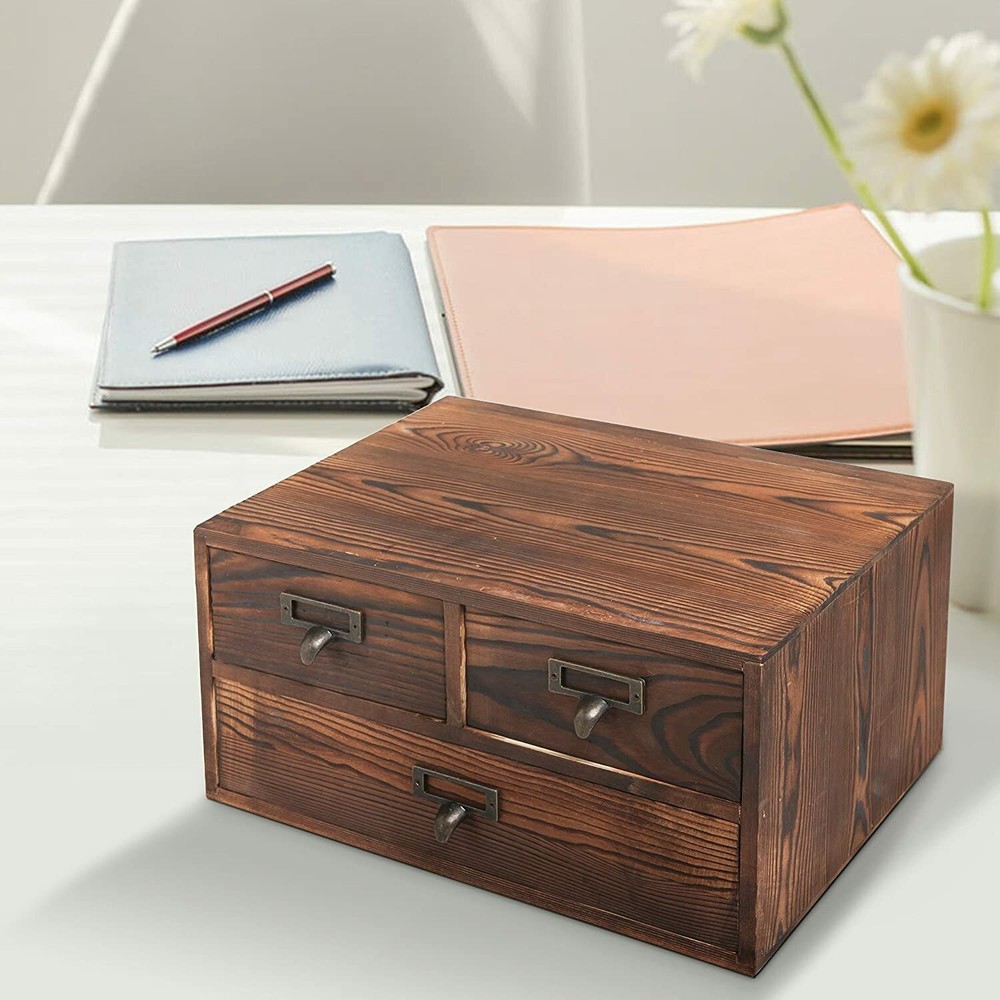 Rustic Dark Brown Wood Office Storage Cabinet/Jewelry Organizer w/ 3 Drawers