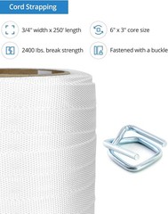 3/4” x 250’ Woven Cord Strapping, 2400 lb, 50 Buckles, Heavy-Duty Poly, 6×3 Core