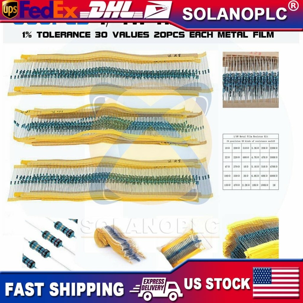 600pcs 30 Values 1/4W Metal Film Resistors Resistance Assortment Kit Set 1% USA