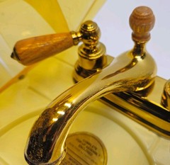 Bel-Air Solid Brass Bathroom Sink Faucet Gold Wood Handles Pop-Up Drain NOS Vtg