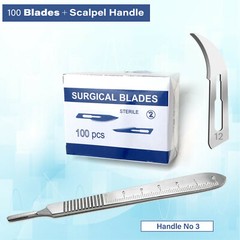 100 pcs Carbon Steel Sterile Surgical Scalpel Blades #12 + Graduated Handle No 3
