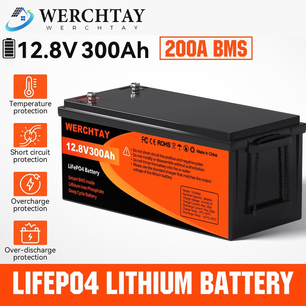 WERCHTAY 12V 300Ah LiFePO4 Battery Deep Cycles 3840Wh 200A BMS for RV Solar Boat