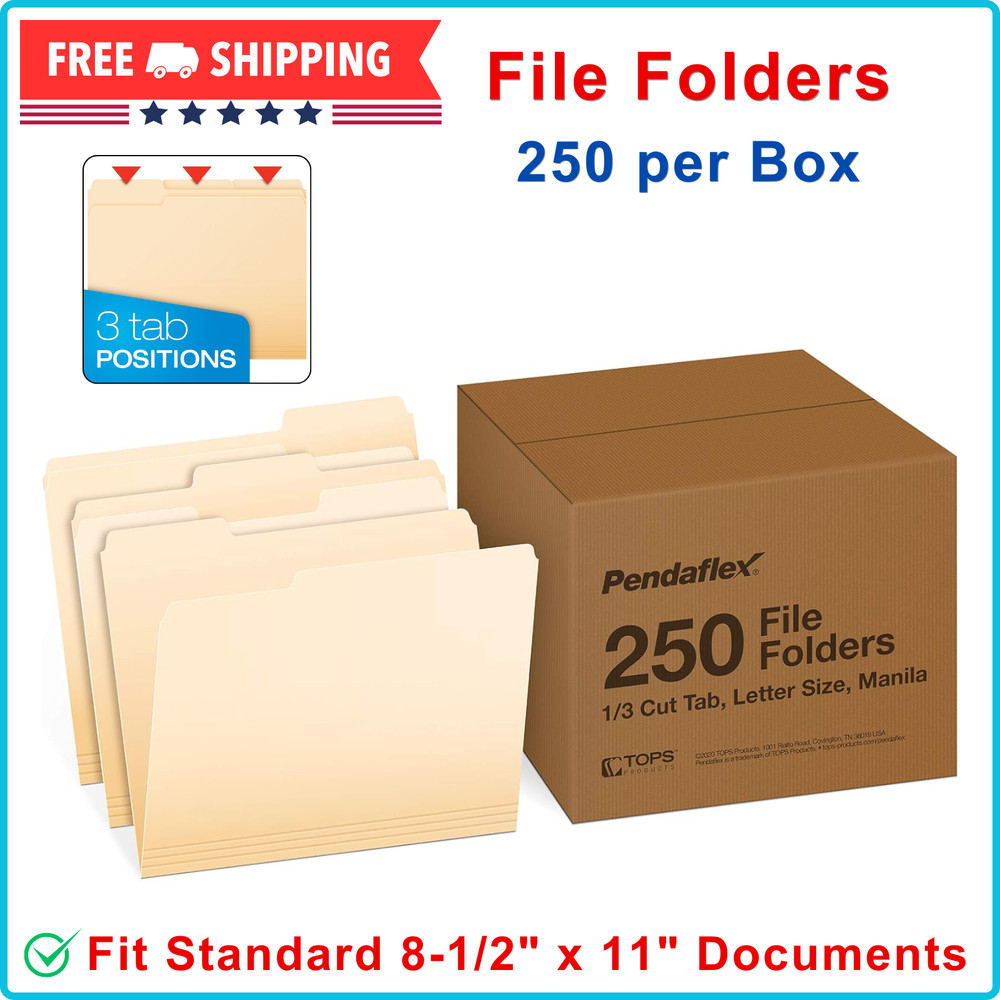 File Folders, Letter Size, 1/3 Cut, Manila, 250 per Box (752250), 3 Tab Position