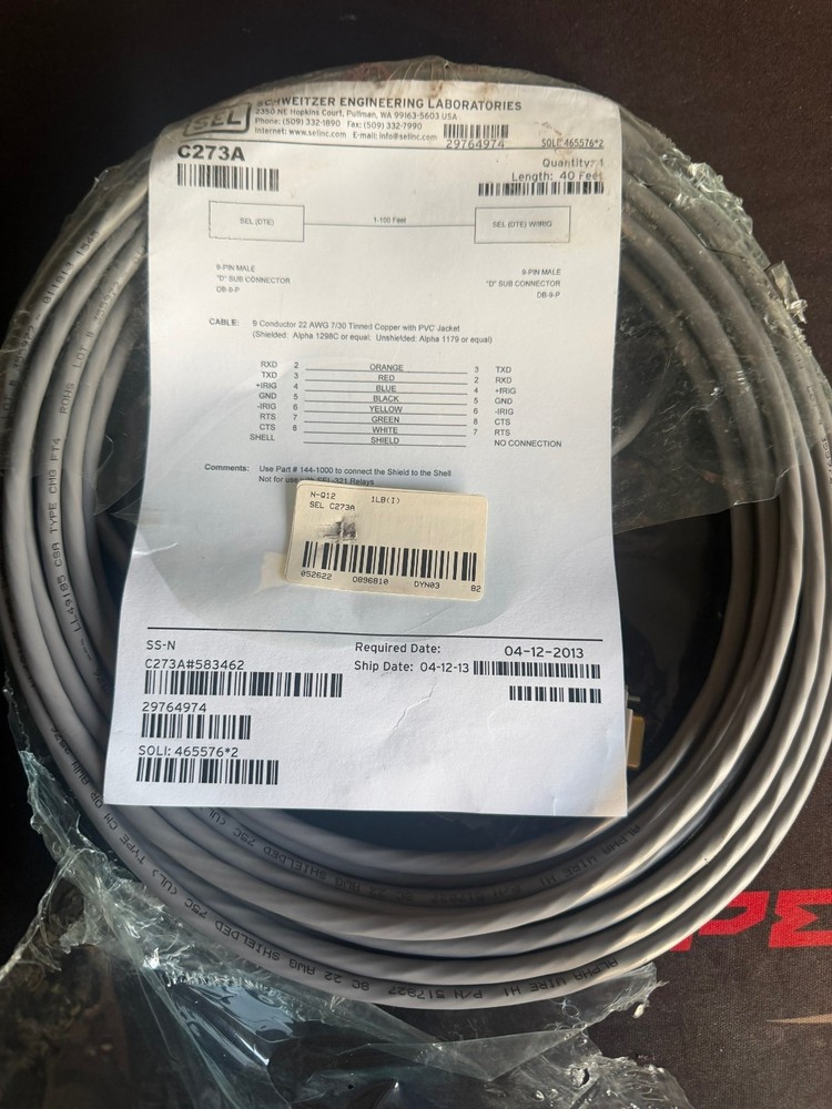 SEL Cable C273A-040 Length 40ft 9-Pin Male D-Sub Connectors New Surplus (OPENED)