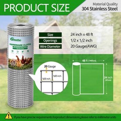 304 Stainless Steel Hardware Cloth 1/2″ Large Size 20 GA 24in×48ft Roll | s