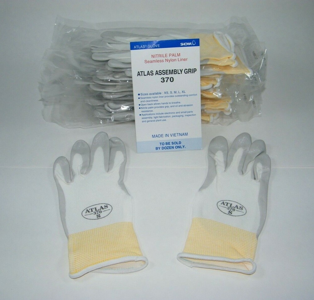 ATLAS 370 SHOWA WORK GLOVES NITRILE RUBBER PALMS – 12 PAIR – SMALL / WHITE