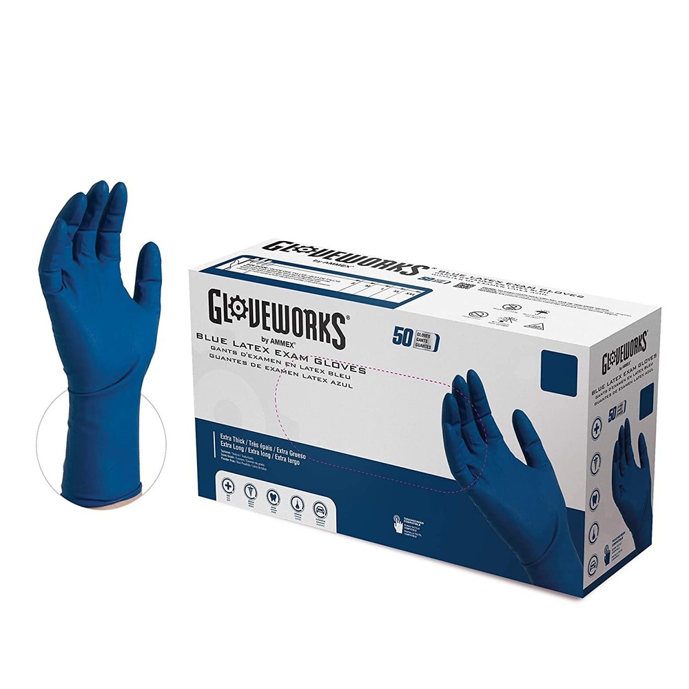 AMMEX GLOVEPLUS HD Blue Latex Gloves, of 50, 13 mil, Size XLarge, , Textured,…