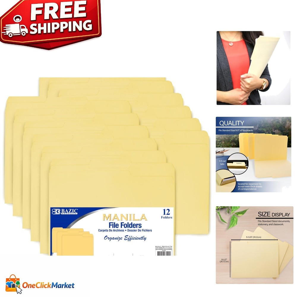 Durable 1/3-Cut Manila File Folders for Easy Document Organization, 12-Count