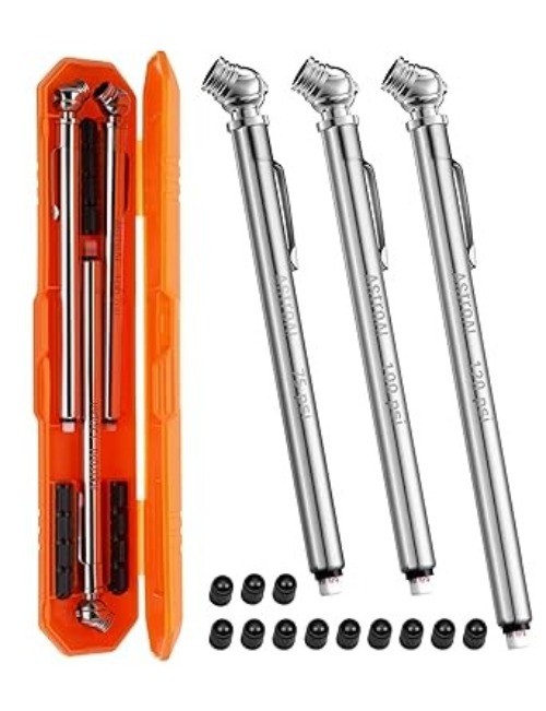 Pencil Tire Pressure Gauge (10-75PSI, 100PSI, 120PSI), Valve Caps with Case, Sta