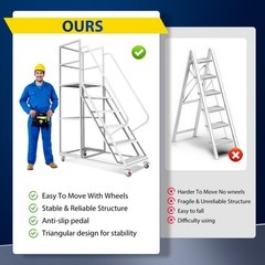 6 Step Rolling Ladder for Industrial & Warehouse w/ Handrails & 4 Lockable Wheel