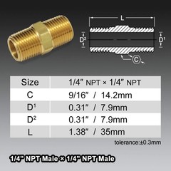 1/4 NPT Male to 1/4 NPT Male Brass Pipe Hex Nipple Straight Coupler Fitting 4PK