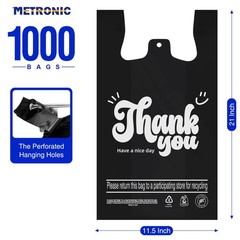 1000 Count Black Thank You T-shirt Bags with Handle, 11.5″ x 6.5″ x 21″ Plast…