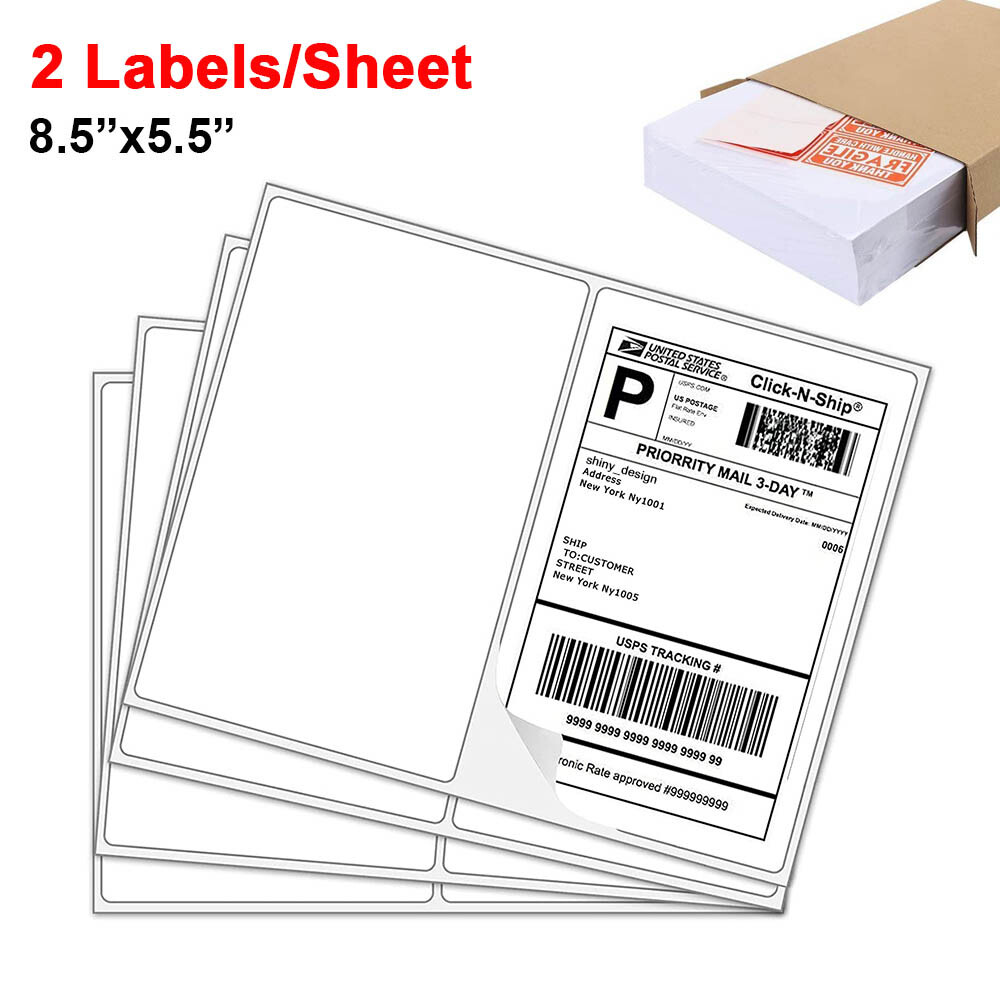 Premium 8.5×5.5 Half Sheet 200-20000 Shipping Labels Rounded Corner 2 Per Sheet