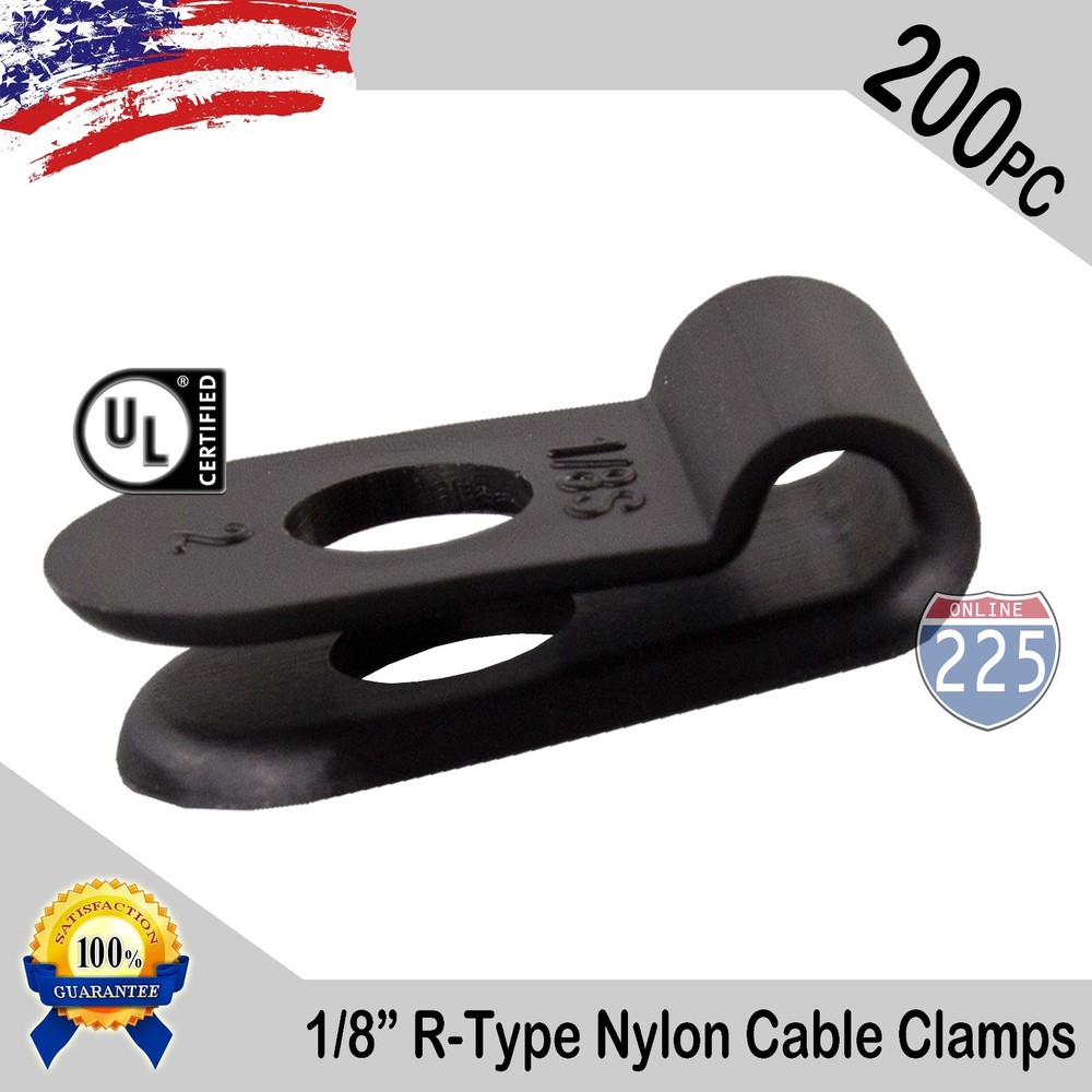 200 PCS PACK 1/8″ Inch IN R-Type CABLE CLAMP NYLON BLACK HOSE WIRE ELECTRICAL UV