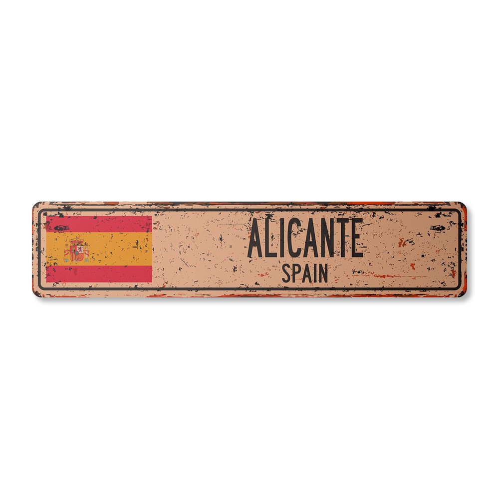 ALICANTE SPAIN Vintage Street Sign Spaniard flag city country road wall rustic