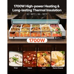 Uimoso Commercial Food Warmer 10-Pan 1700W Buffet Bain Marie with Glass Lid