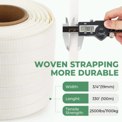 3/4″ X 330′(100M) Woven Cord Strapping Roll, 2500Lbs Break Strength, Heavy Duty