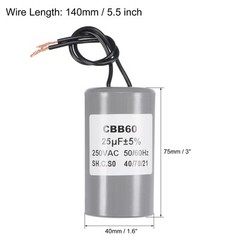 CBB60 Run Capacitor for Pump Motor Capacitor 25uF 250V AC 2 Wires 50/60Hz