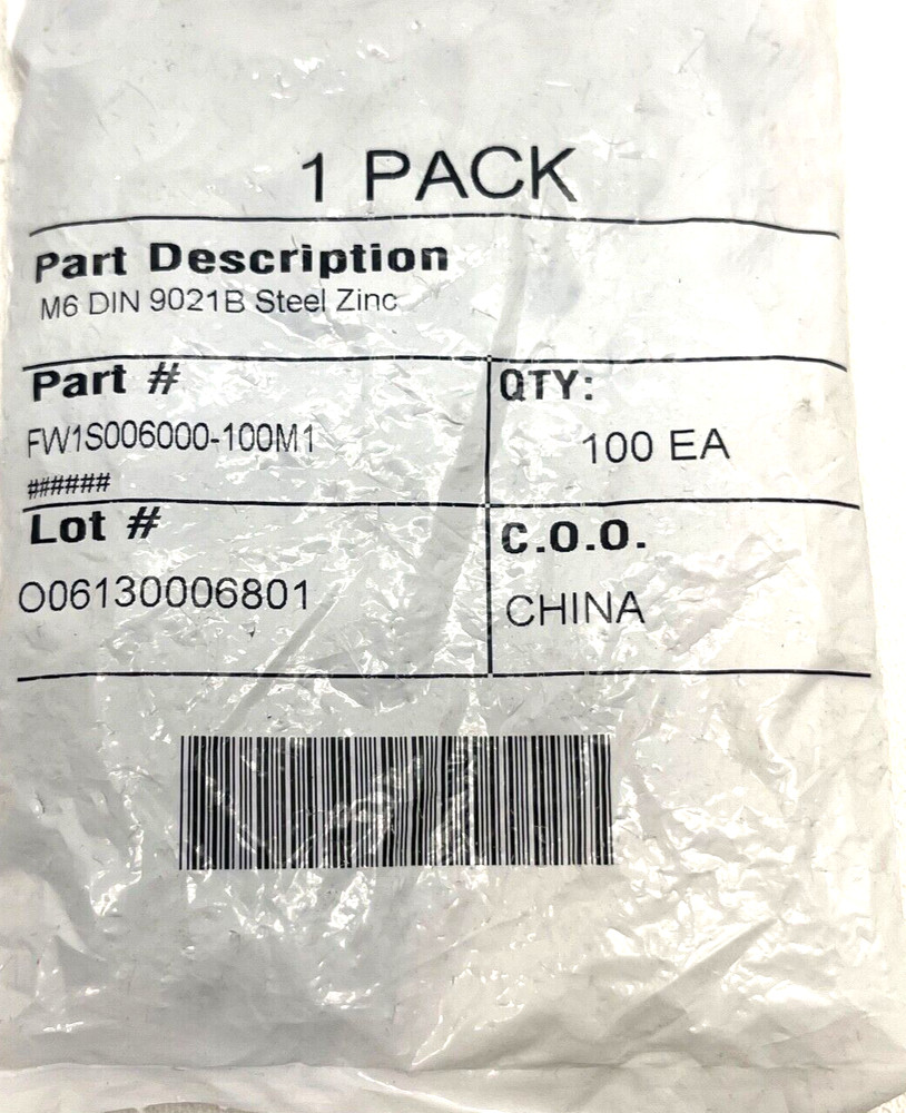 PACK OF 100 M6 OD18 STEEL ZINC PLATED FENDER WASHERS DIN 9021B FW1S006000-100M1