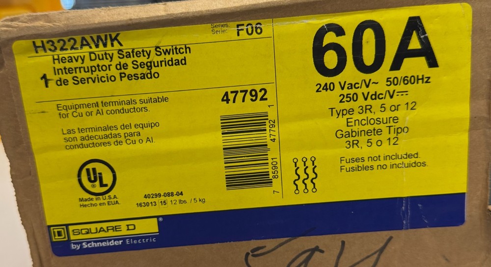 Square D 60 Amp 240V 3Pole Fusible Heavy Duty Safety Switch Nema 12 + 3R H322AWK
