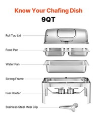 9Qt 1 Pack Rectangle Roll Top Chafing Dish Set 2 Half Size Pans Stainless Steel