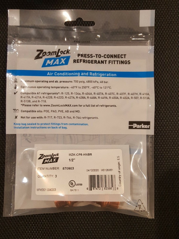 Parker 870903 ZoomLock Max 1/2″ Press Cap MZK-CP8-HNBR 3/pk