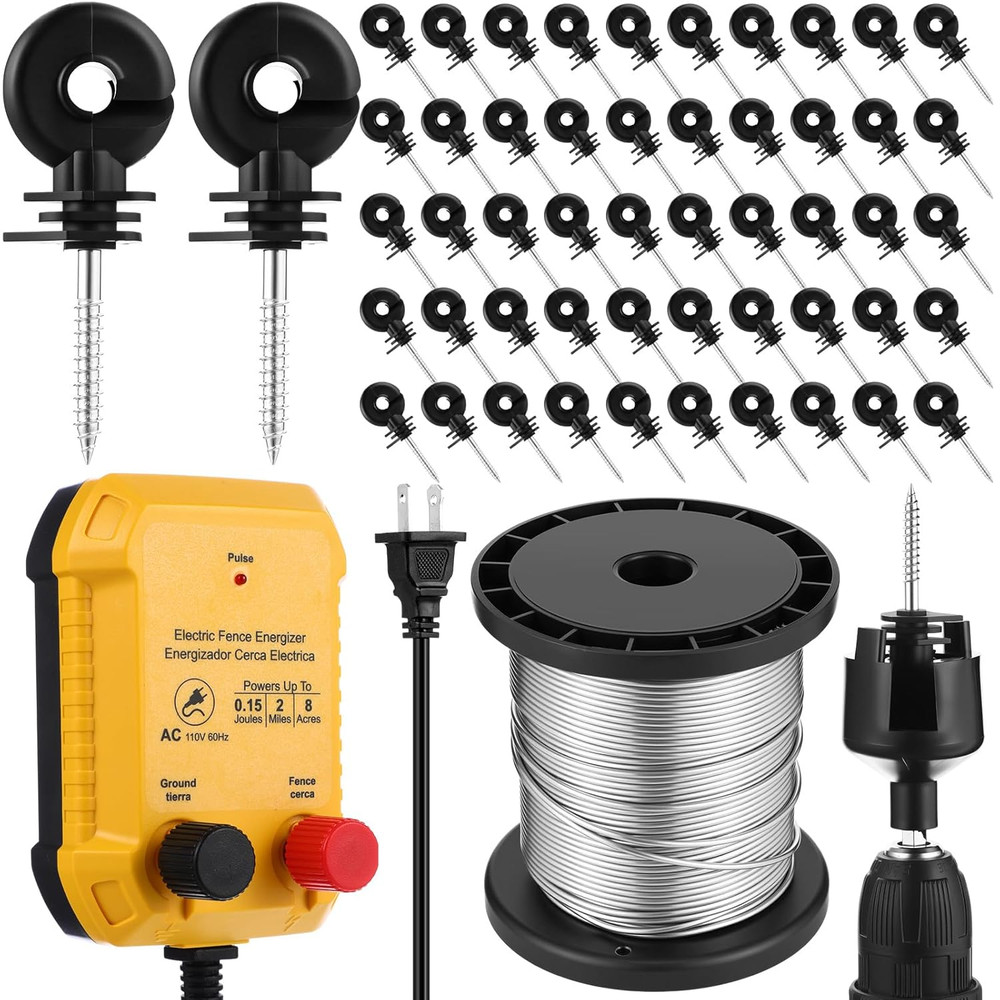 Electric Fence 2 Mile 110VAC 0.15 Joule Plug In Aluminum Wire Insulators Animals
