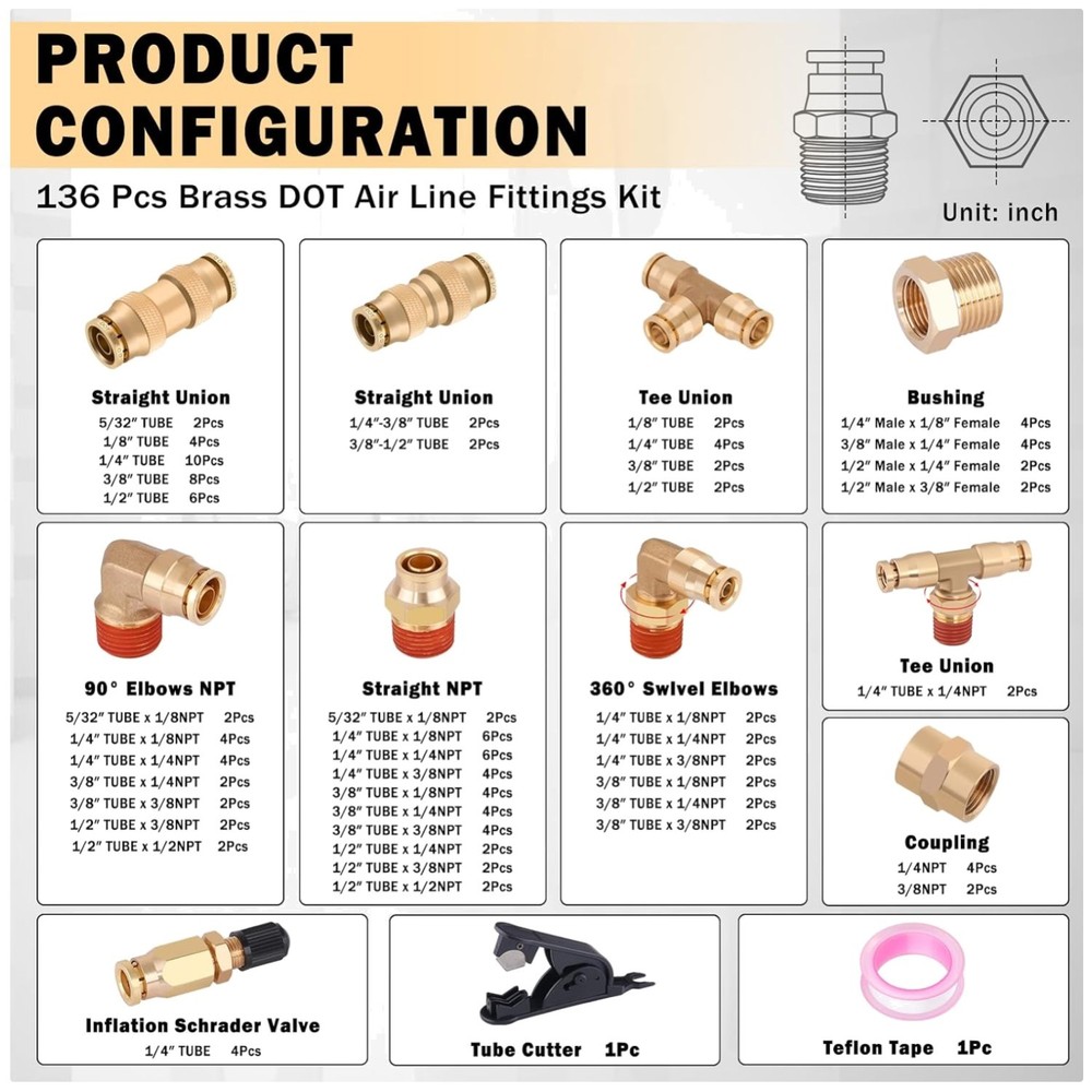 Brass DOT Air Fittings Set – 136 Pcs Assortment