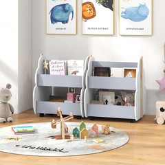 Costzon Kids Bookshelf Universal Wheels 2-Tier Toddler Bookshelf Wooden Book