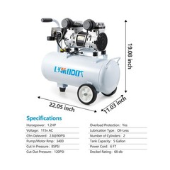 Quiet Air Compressor, Only 68dB, 5 Gallon Steel Tank, 2.8CFM @ 90PSI, Oil-Fre…